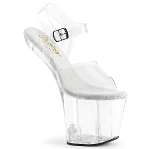 8" (200mm) Heelless, 3" (76mm) Platform Ankle Strap Sandals. Convertible to Wedge Sandals with Included Heel Attachments. **WARNING: Extreme Height and Unique Heelless Design.