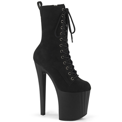 8" (195mm) Heel, 3 3/4" (95mm) Platform Lace-Up Front Mid Calf Boot Featuring Prismatic Linear Design at the Platform Front and Back of Heel, Inner Side Zip Closure