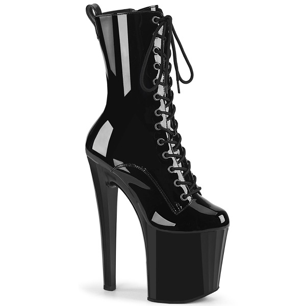 8" (195mm) Heel, 3 3/4" (95mm) Platform Lace-Up Front Mid Calf Boot Featuring Prismatic Linear Design at the Platform Front and Back of Heel, Inner Side Zip Closure