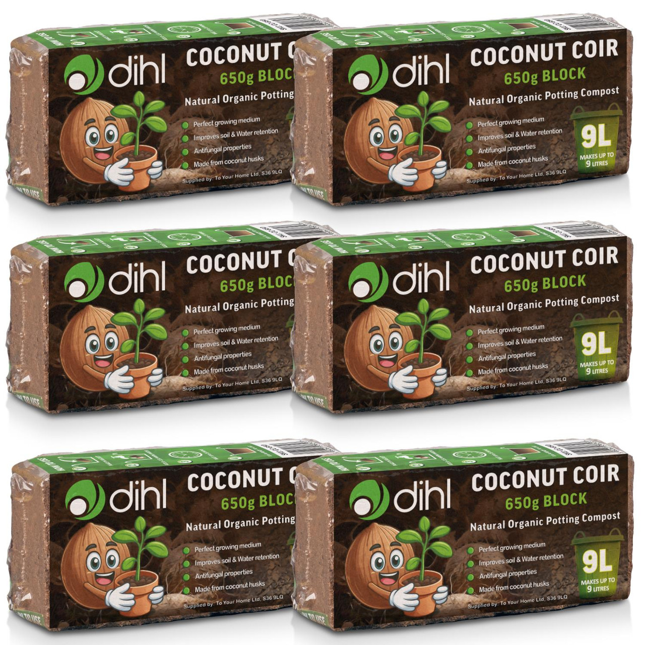 6 x 650g Organic Coconut Coco Coir Fibre Compost Block Bricks, 100