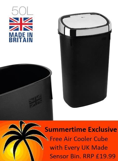 UK Made - 50L Black Bin and Chrome Sensor Lid with Free Cooler