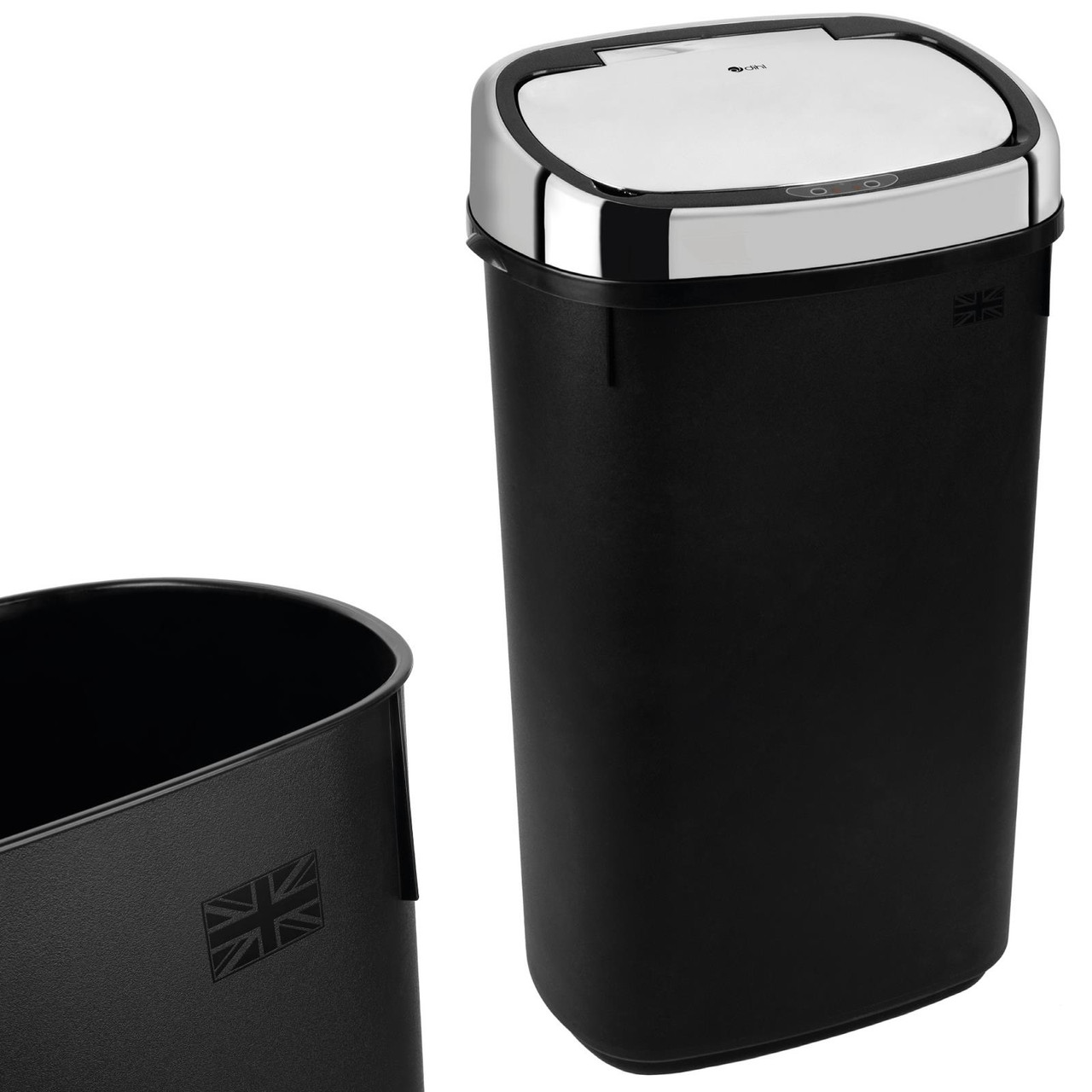 UK Made - 50L Black Bin and Chrome Sensor Lid with Free Cooler