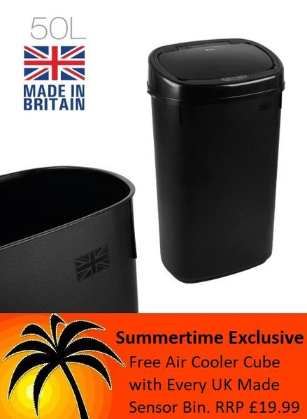 UK Made 50L Black Bin and Black Sensor Lid with Free Cooler Cube worth £19.99