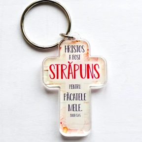 Breloc plastic cruce: Hristos a fost strapuns pentru pacatele mele (3 X 5 Cm)