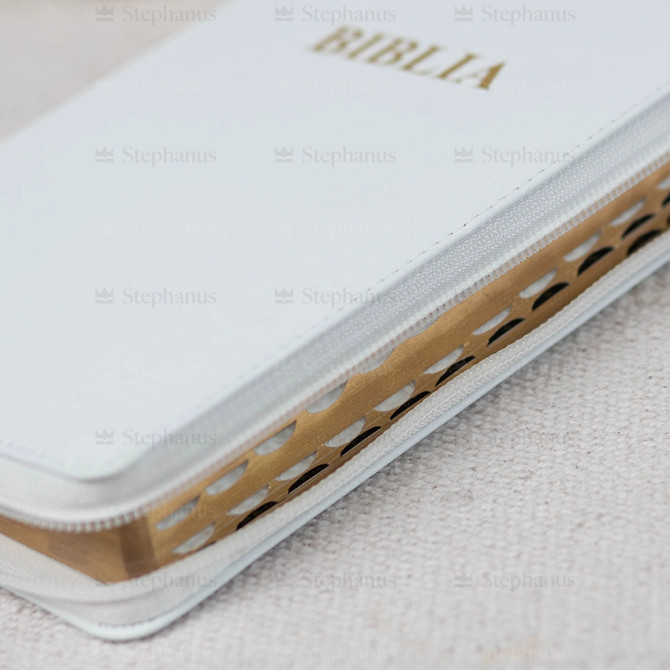 Biblia, Dumitru Cornilescu, Medie, Albă - 057 ZTI, Fermoar, Aurită, Index de căutare rapidă SBR - 02 - stephanus.ro