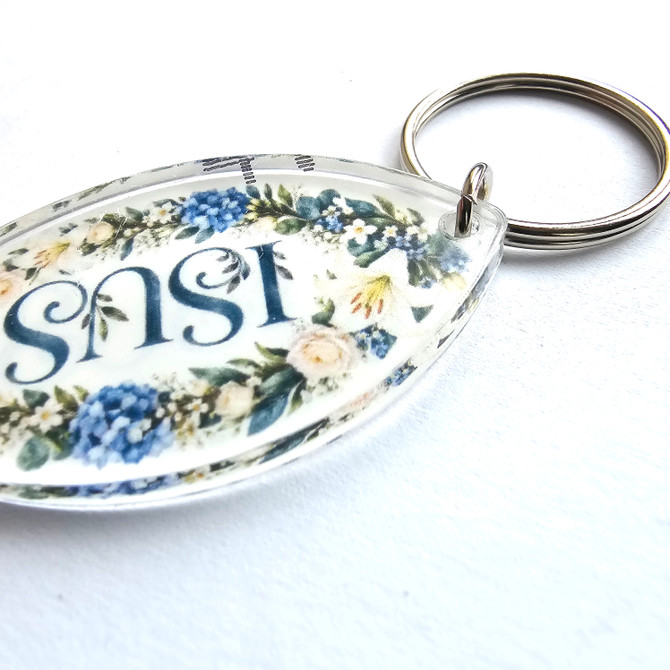 Breloc plastic forma de peste: Isus (2,9 X 6,8 Cm)