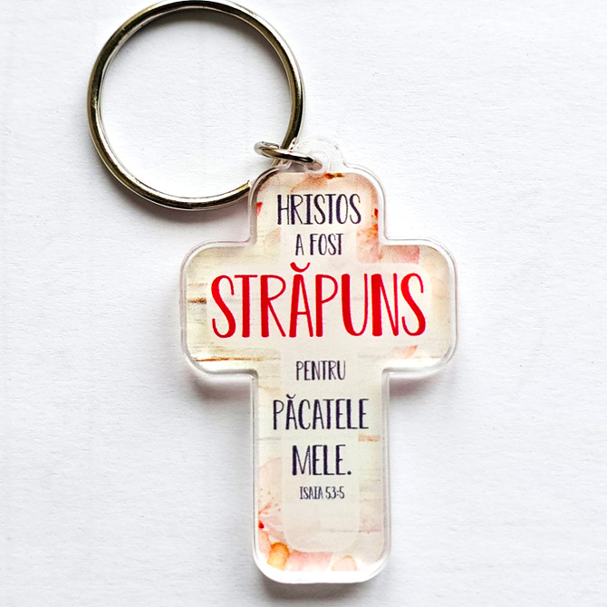 Breloc plastic cruce: Hristos a fost strapuns pentru pacatele mele (3 X 5 Cm)
