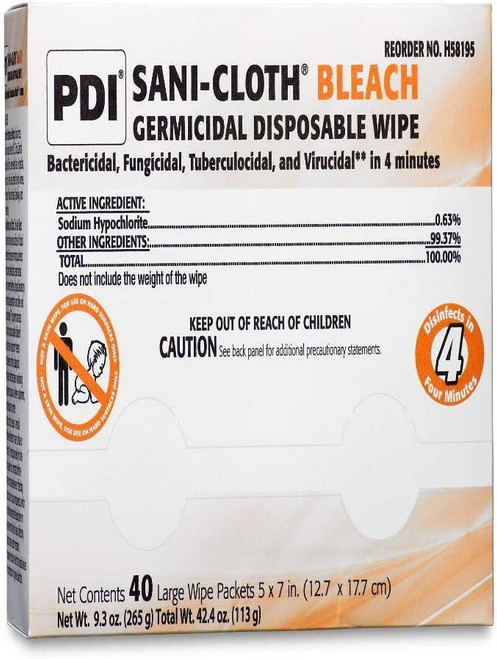 PDI H58195 Bleach Disinfectant Wipes, Individual Packets,  Large, Pack, 40 Wipes, 5" x 7",