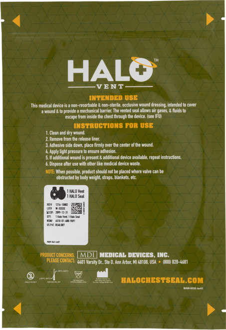 Halo chest seal and vent combo front package showing instructions for use.