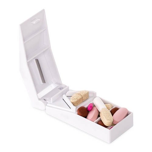 Easycare brand economy pill cutter and splitter shown with pill storage