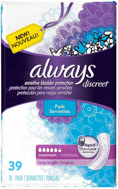 Always Discreet Incontinence Maximum Absorbency Pads, Long 2 Pack