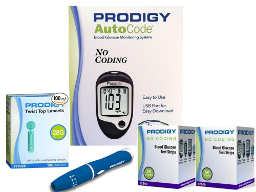 Prodigy Auto Code Diabetes Testing Kit - Prodigy Talking Meter, 100 Prodigy Test Strips, 100 Lancets, Lancing Device, Carry Case