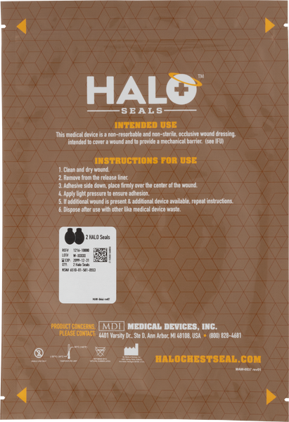 Halo chest seal in common packaging with instructions for use