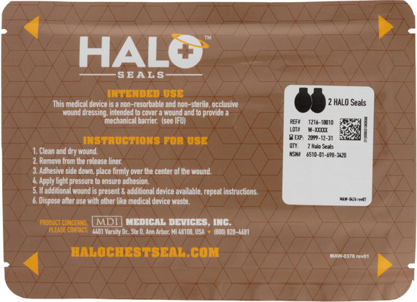 Halo chest seal in IFAK packaging front showing instructions