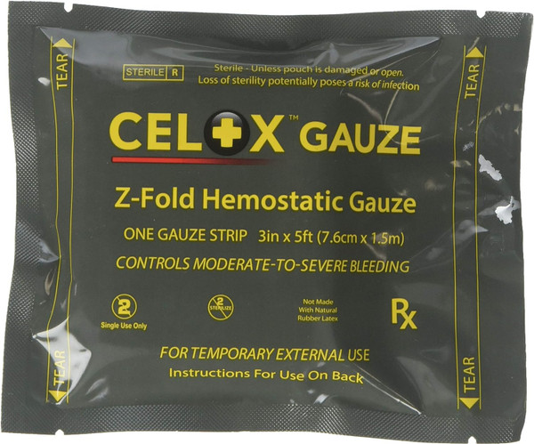 Celox Hemostatic Z fold gauze front package