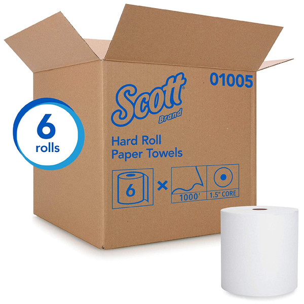 Scott 1000 Ft White Hard Roll Towels, 1-Ply, 6 Rolls