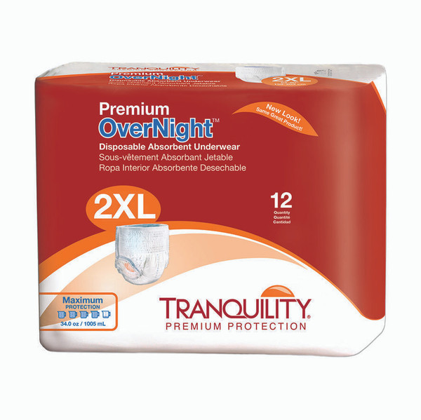 Tranquility Premium Overnight Disposable Absorbent Underwear Xxl-Plus (62 - 80, 250+ Lbs)-Pack Of 12