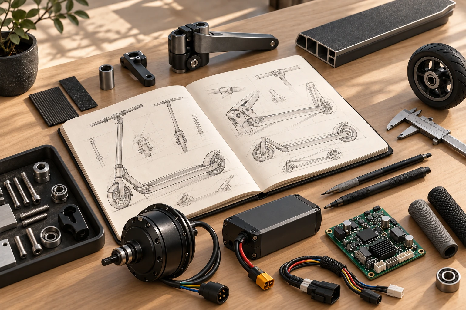 Illustrative e-scooter design workbench with sketches, hub motor, battery pack and controller board
