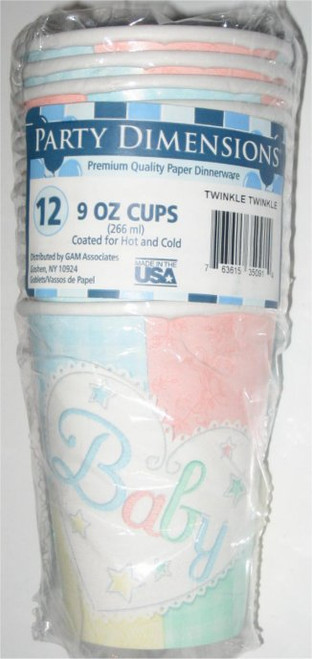 Party Dimensions Baby Birthday Heart Twinkle 9oz Cup Pack - Made In The USA - (12 Paper Cups)