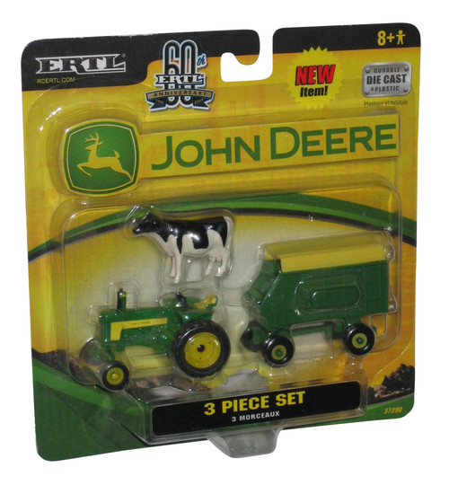 John Deere Ertl (2005) Tractor Wagon Cow 3 Piece Set Durable Die Cast & Plastic Toy 37290