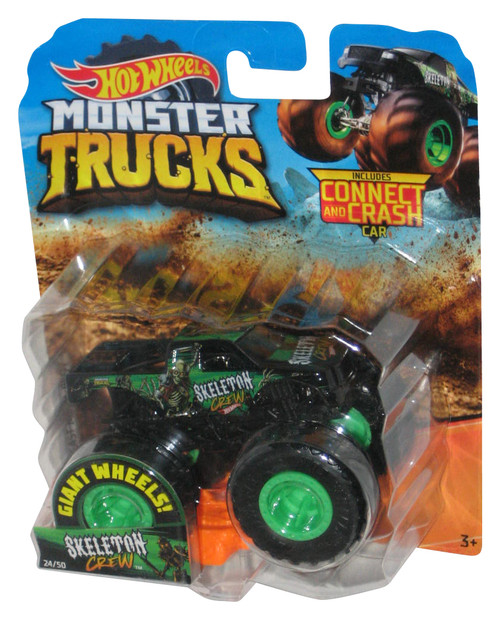 Hot Wheels Monster Trucks (2018) Skeleton Crew Green Toy Truck #24/50 w/ Connect & Crash Car