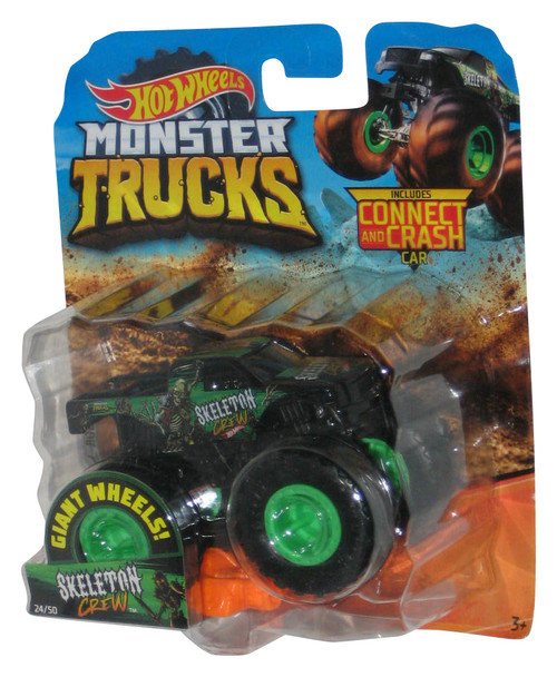 Hot Wheels Monster Trucks (2018) Skeleton Crew Green Toy Truck #24/50 with Connect & Crash Car