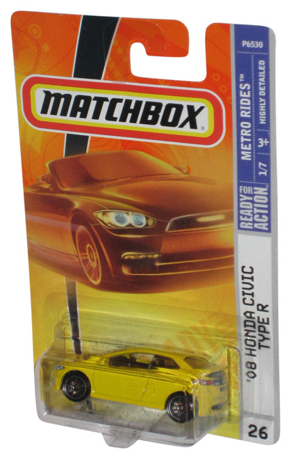 Matchbox Metro Rides 1/7 (2008) Yellow '08 Honda Civic Type R Toy Car #26