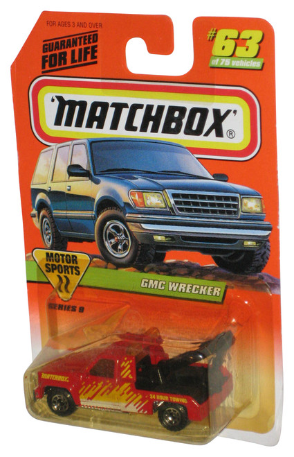 Matchbox Motor Sports Series 9 (1997) Red GMC Wrecker Toy Tow Truck #63/75 - (Cracked Plastic)