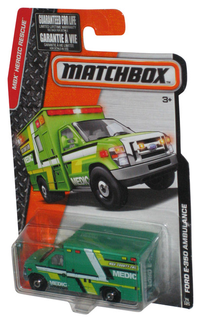 Matchbox MBX Heroic Rescue (2015) Green Ford E-350 Ambulance 74/125 - (Cracked Plastic)