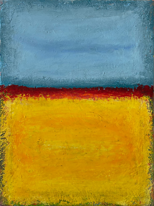 original abstract art, color fields of medium and light blues, and of deep yellow, gold and orange, with a red horizontal rough edge border between them. edges of painting have a variety of colors like green.