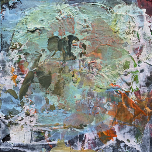 original abstract very textured painting with a faint silhouette of a person sitting facing left, with soft pastel greens and grays, dark orange, light blue, white, a little yellow, on recycled black mat board.