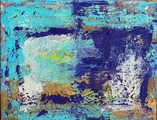 original abstract painting with turquoise, royal blue, ochre, yellow, cream colors with lines, swirls and lines.