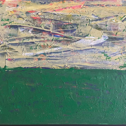 original abstract landscape painting of rich green field and multicolored swirly skies.