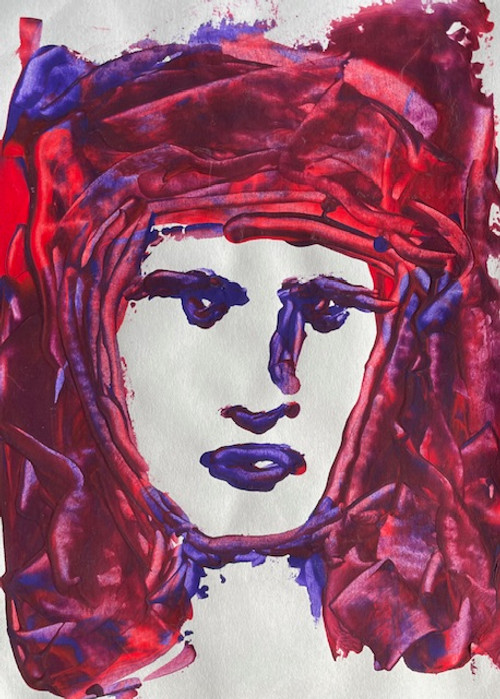 original abstract painting of a face with a lot of hair in vivid pinks, purples, red