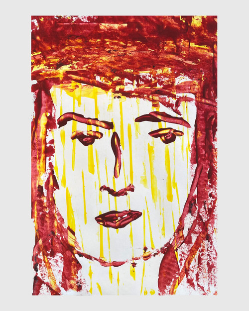 original abstract portrait painting of a woman with reds and oranges in dark yellow rain