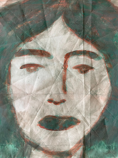 original abstract painting of pensive woman portrait with dark greens, brown, blue, with lines created from folding the paper.