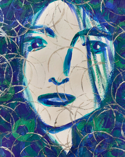 original abstract painting of woman with blue and green features, with silver 'rain' circles