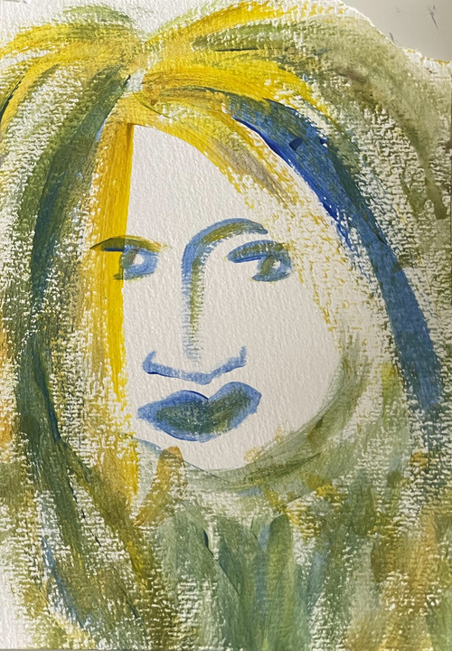 original abstract painting of face with eyes looking sideways with yellows, greens and blues.