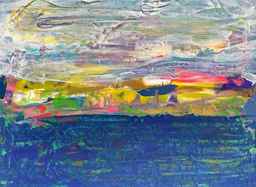 original abstract landscape painting of a blue green sea and small village with mottled sky.