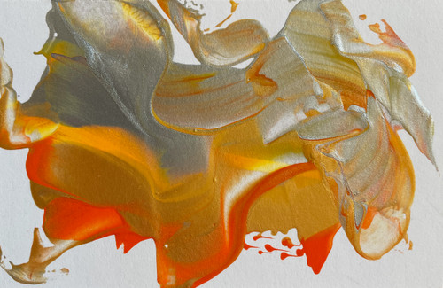 original abstract painting with swirls of orange, deep yellow, gold, silver, and ochre