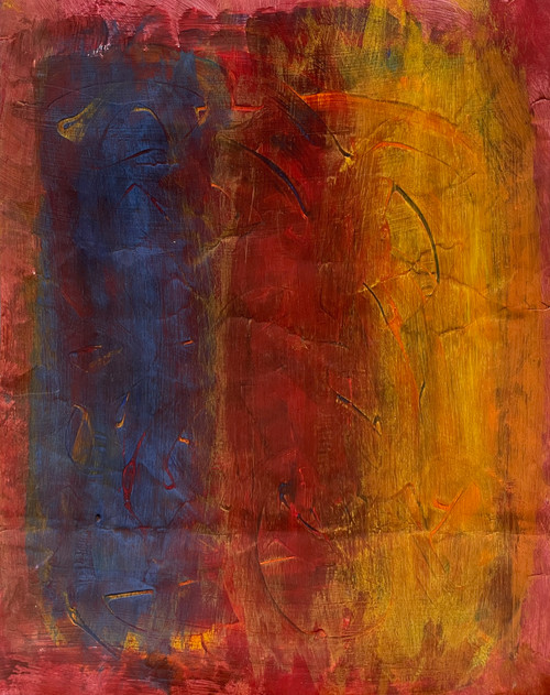 original abstract painting with deep blue, red, and yellow, and shades of them around the edges, with swirls and lines randomly throughout.