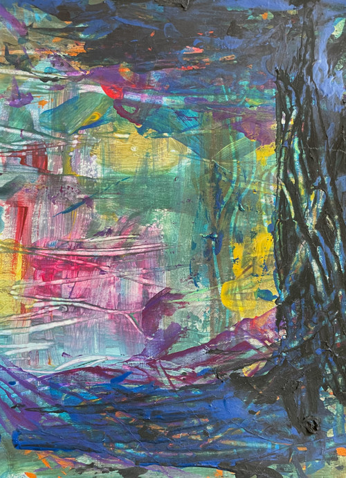 original abstract painting with multiple colors, with a black and blue border on two sides giving the look if being in the dark and coming out to a beautiful colorful space