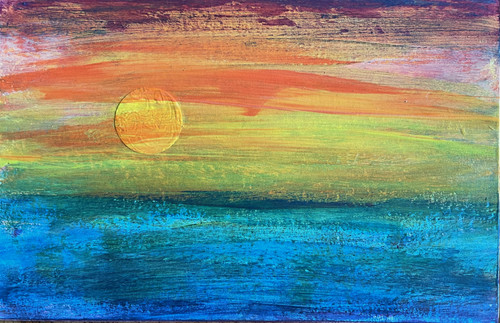 original abstract landscape mixed media painting on recycled mat board and paper, with blues, yellows, oranges, and purples.