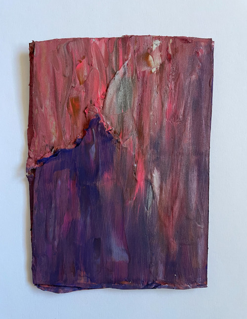 original abstract painting of purple and gray mountain and a pink and mauve sky, with silver metallic and red also.