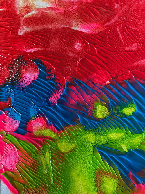 original abstract painting with vivid red, blue, and green, and a little bright pink, with rivulets resulting from a fold-over process.