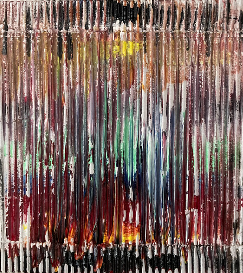 original abstract painting on ridged recycled cardboard with a variety of colors, mostly darker.