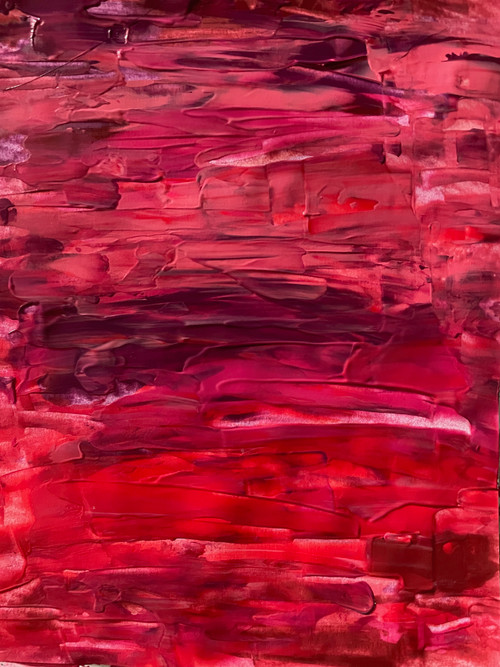 original abstract painting of mostly horizontal uneven lines of many shades of red, and with pinks and purples