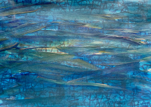 abstract painting of blue and green ocean or lake with gold shimmers over illegible words