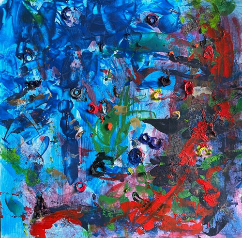 original abstract painting with vivid reds and blues and specks of multiple colors.