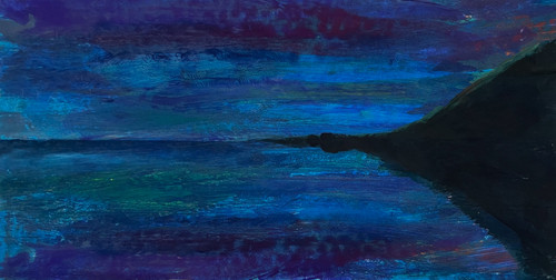 abstract painting of nightime near an ocean or bay or lake next to a mountain. deep blues, green, purple, and black.